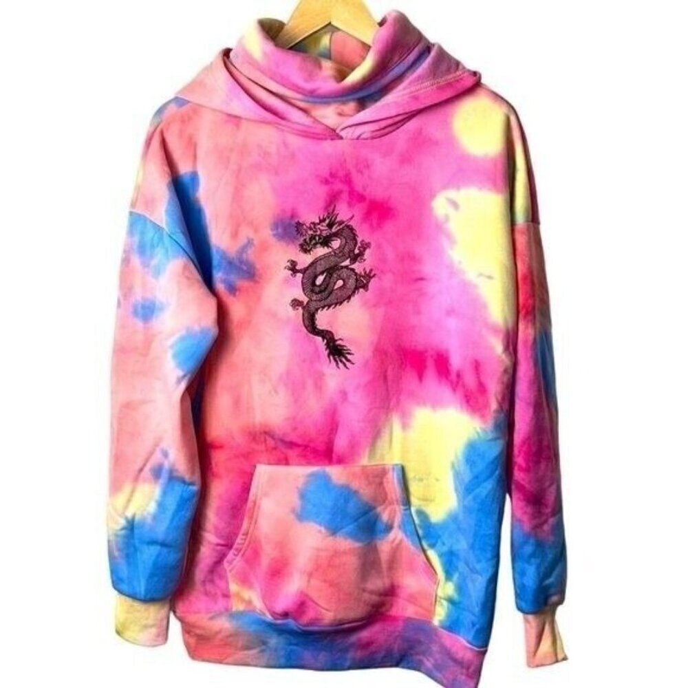 Orange Kiss Multi Color Watercolor Dragon Print Pullover Hipster Hoodie Medium
